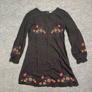 Dex Womens A Line Dress Black Floral Embroidered Lace Long Sleeve Boho L